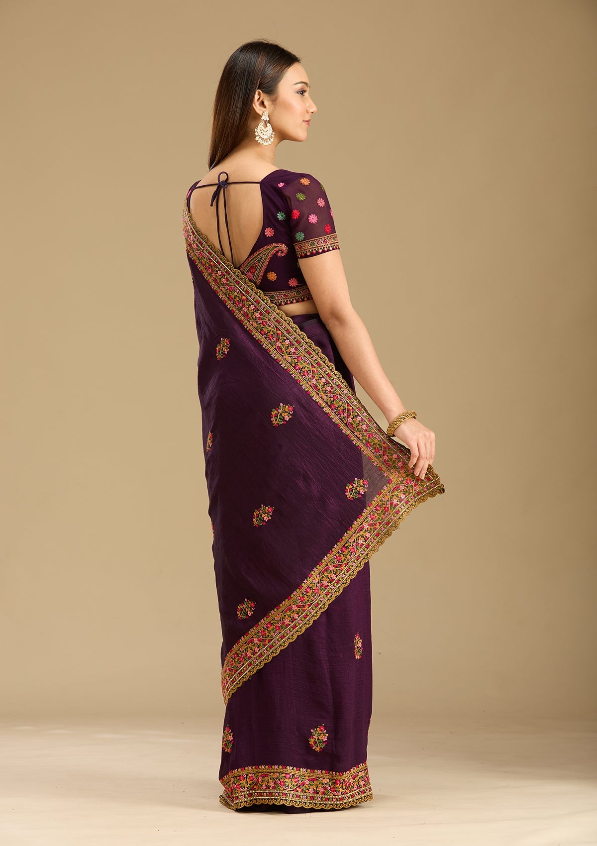 Purple Kashmiri Soft Raw Silk Saree-Koskii