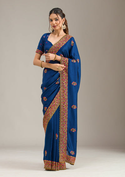 Peacock Blue Sequins Soft Raw Silk Readymade Salwar Suit-koskii