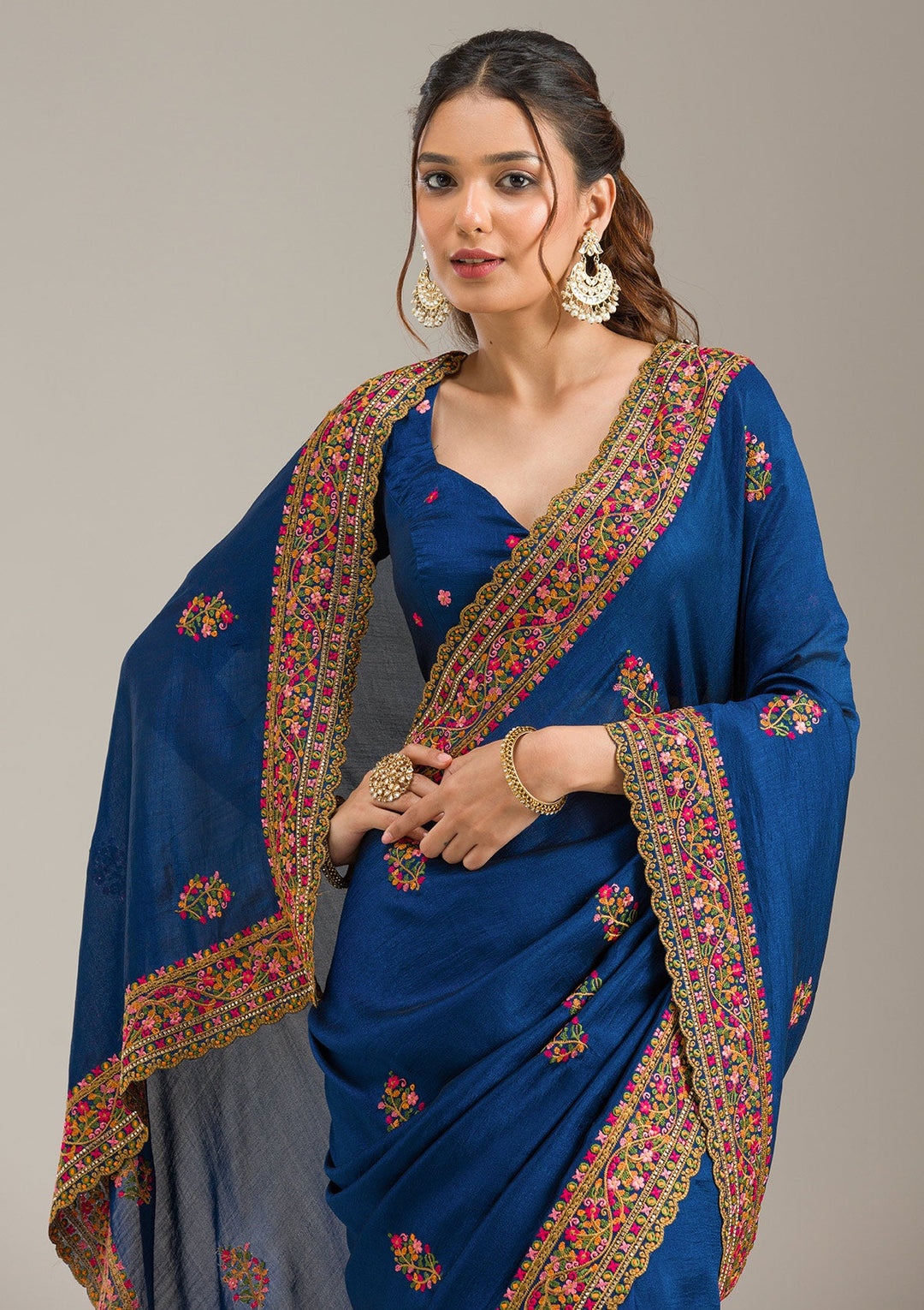 Orange Threadwork Chanderi Unstitched Salwar Suit-koskii
