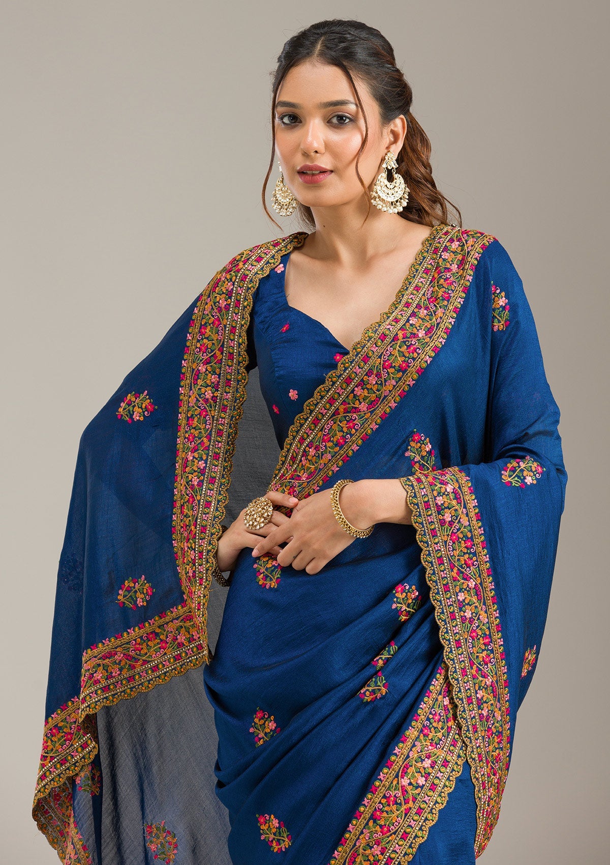 Orange Threadwork Chanderi Unstitched Salwar Suit-koskii