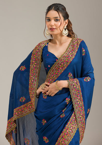 Orange Threadwork Chanderi Unstitched Salwar Suit-koskii