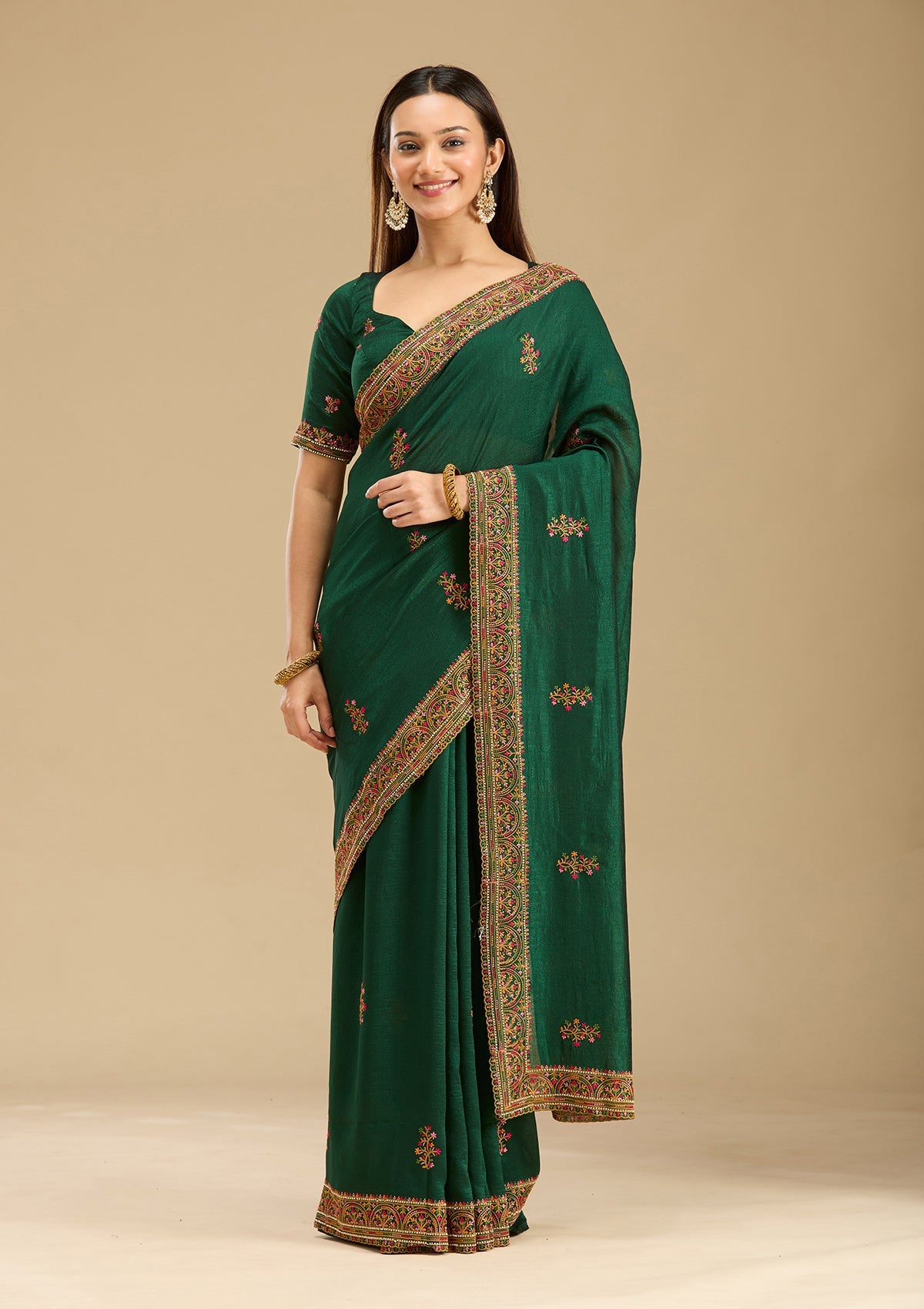 Bottle Green Kashmiri Soft Raw Silk Saree-Koskii