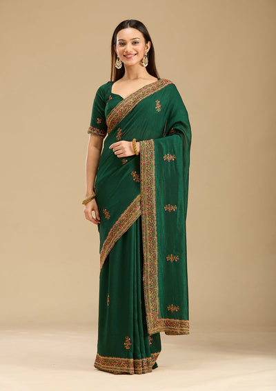 Bottle Green Kashmiri Soft Raw Silk Saree-Koskii