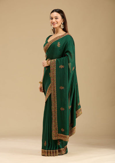 Bottle Green Kashmiri Soft Raw Silk Saree-Koskii