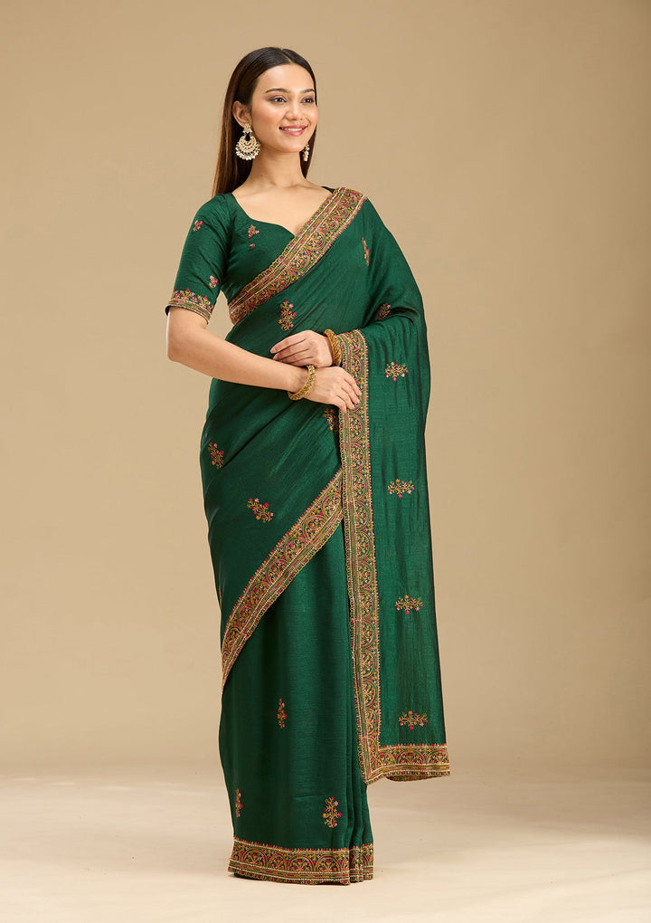 Bottle Green Kashmiri Soft Raw Silk Saree-Koskii