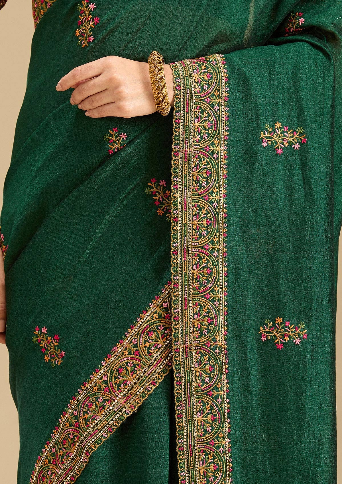 Bottle Green Kashmiri Soft Raw Silk Saree-Koskii
