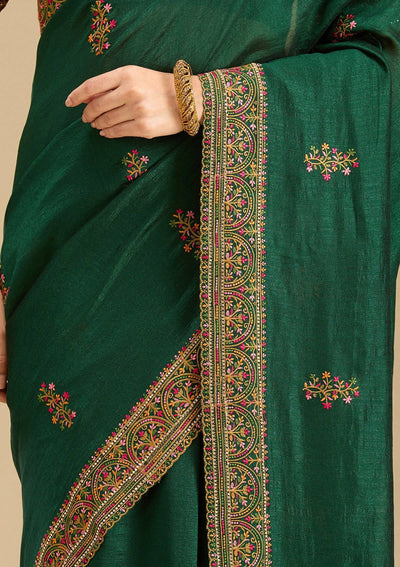 Bottle Green Kashmiri Soft Raw Silk Saree-Koskii