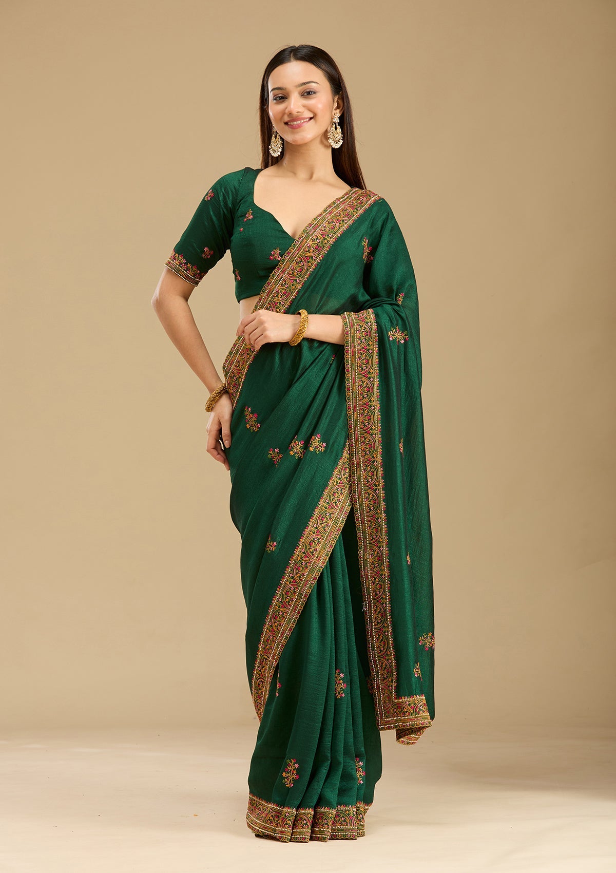 Bottle Green Kashmiri Soft Raw Silk Saree-Koskii