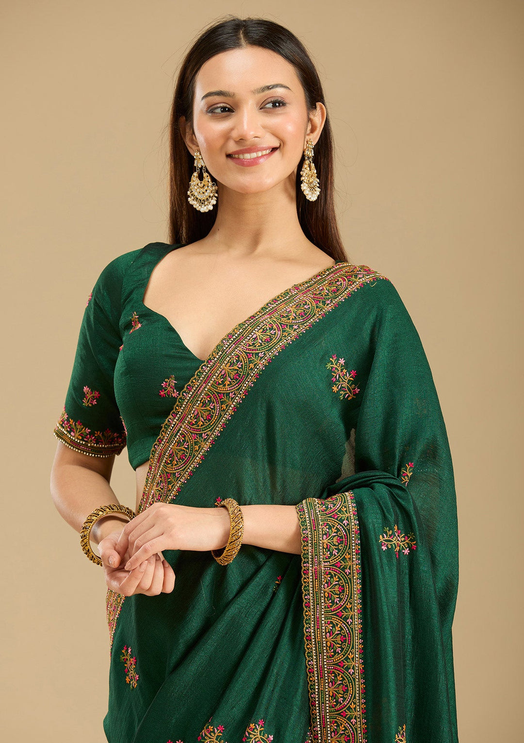 Bottle Green Kashmiri Soft Raw Silk Saree-Koskii