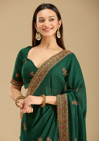 Bottle Green Kashmiri Soft Raw Silk Saree-Koskii
