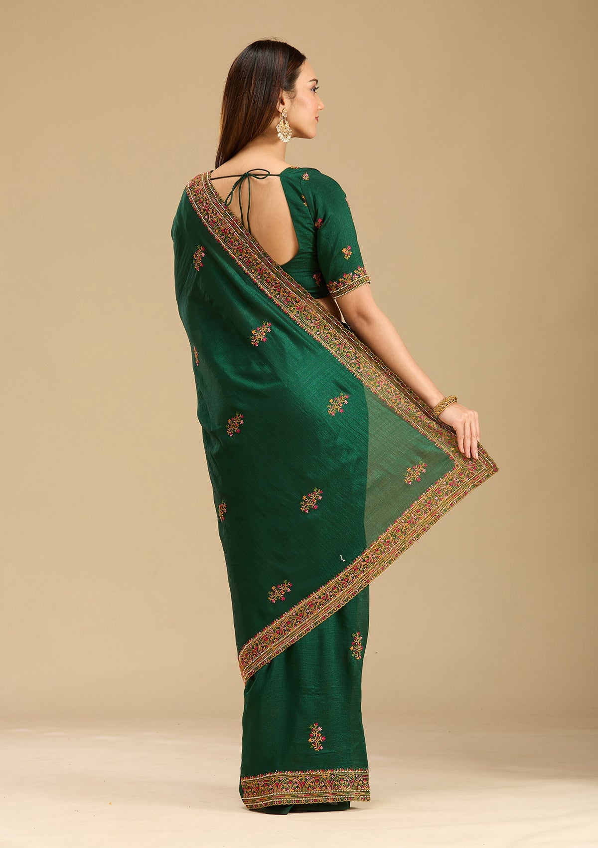 Bottle Green Kashmiri Soft Raw Silk Saree-Koskii