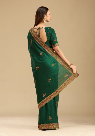 Bottle Green Kashmiri Soft Raw Silk Saree-Koskii