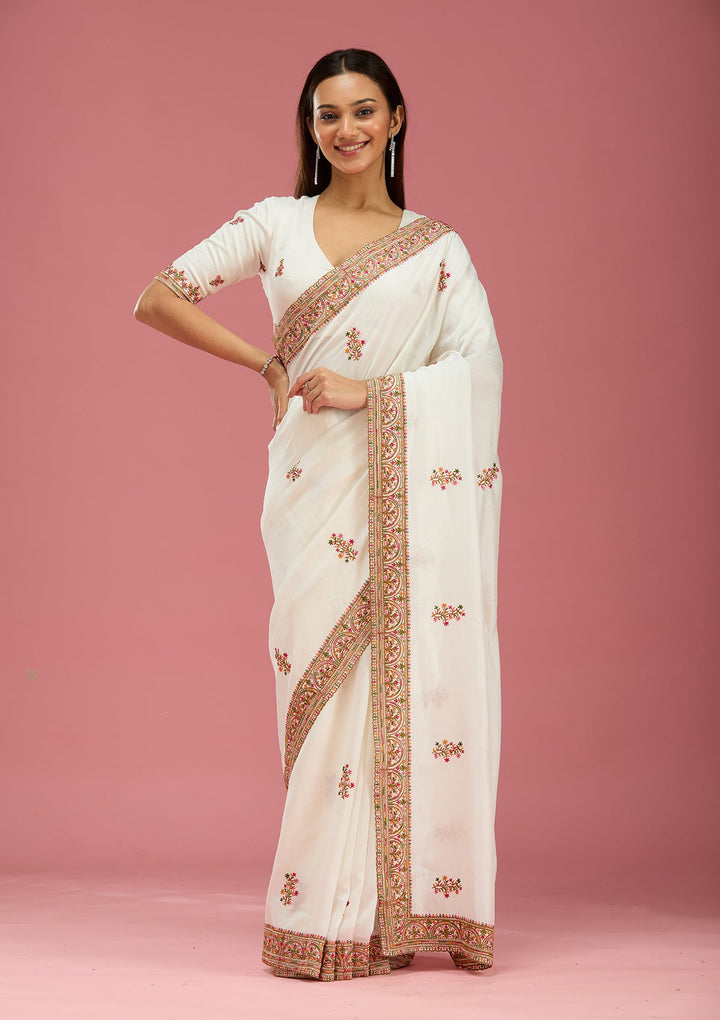 Off White Kashmiri Soft Raw Silk Saree-Koskii