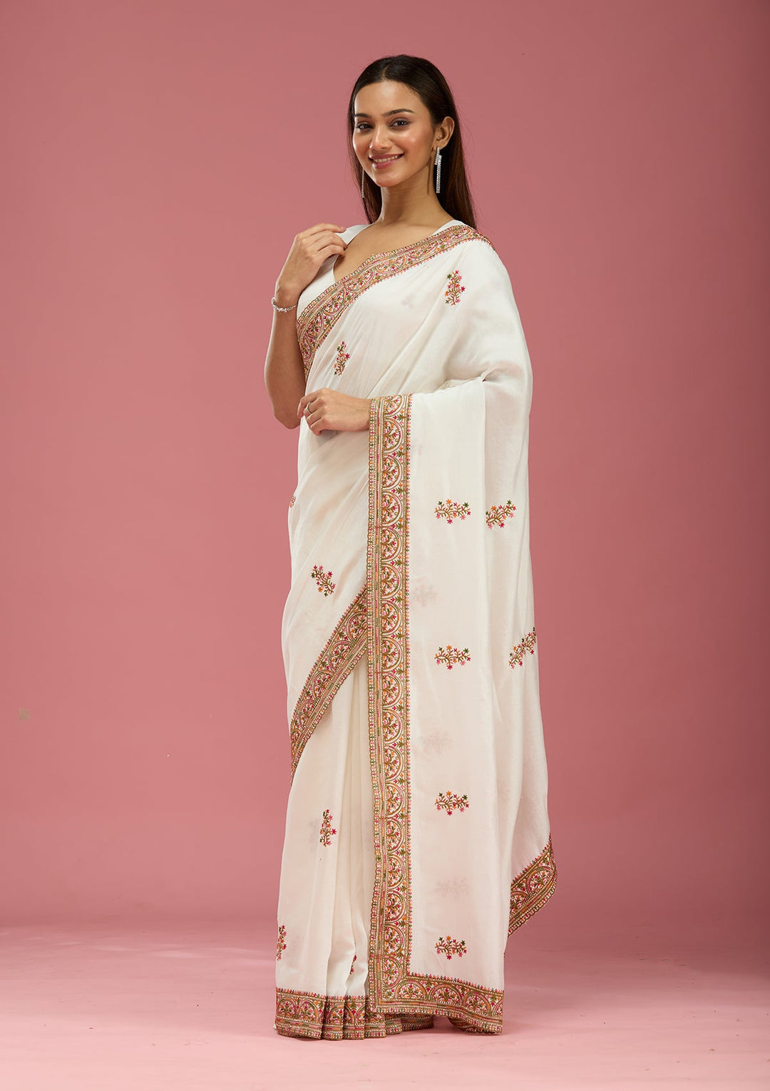 Off White Kashmiri Soft Raw Silk Saree-Koskii