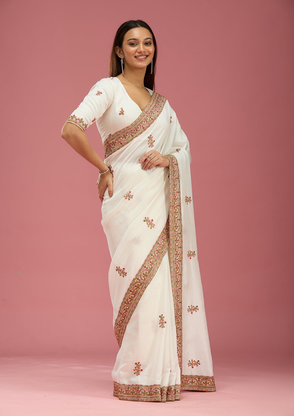 Off White Kashmiri Soft Raw Silk Saree-Koskii