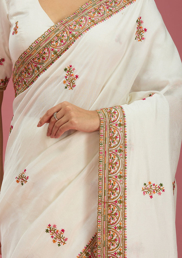 Off White Kashmiri Soft Raw Silk Saree-Koskii
