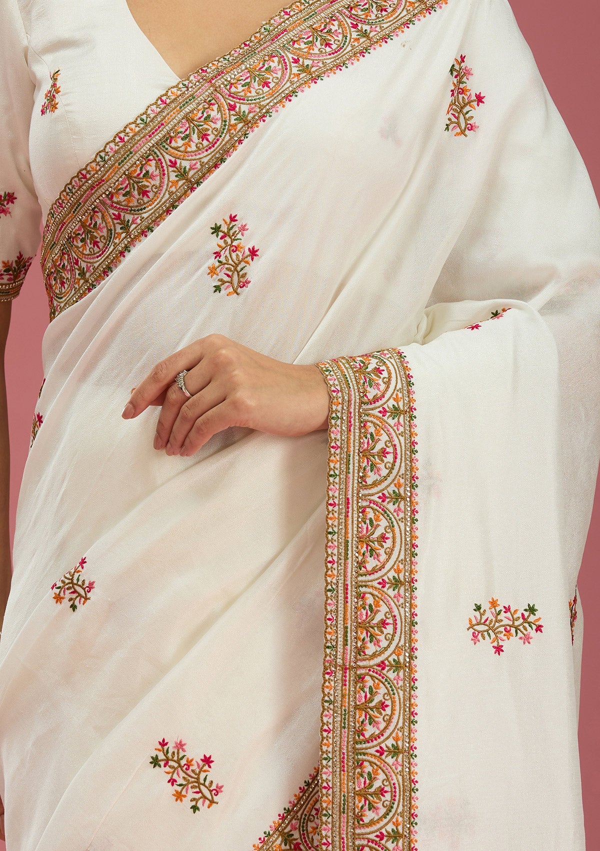 Off White Kashmiri Soft Raw Silk Saree-Koskii