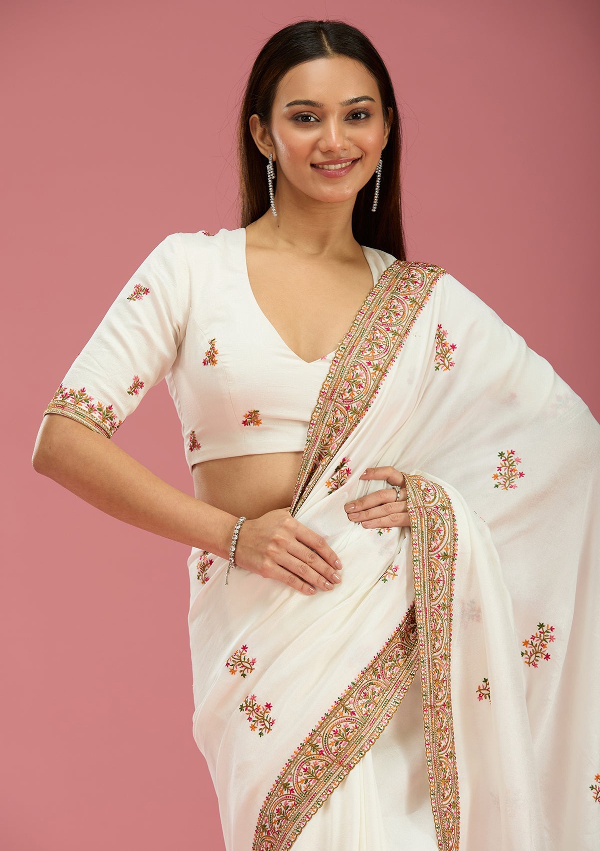 Off White Kashmiri Soft Raw Silk Saree-Koskii