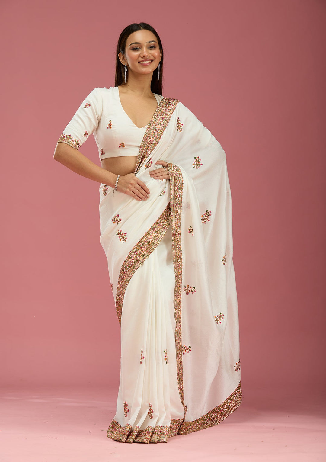 Off White Kashmiri Soft Raw Silk Saree-Koskii