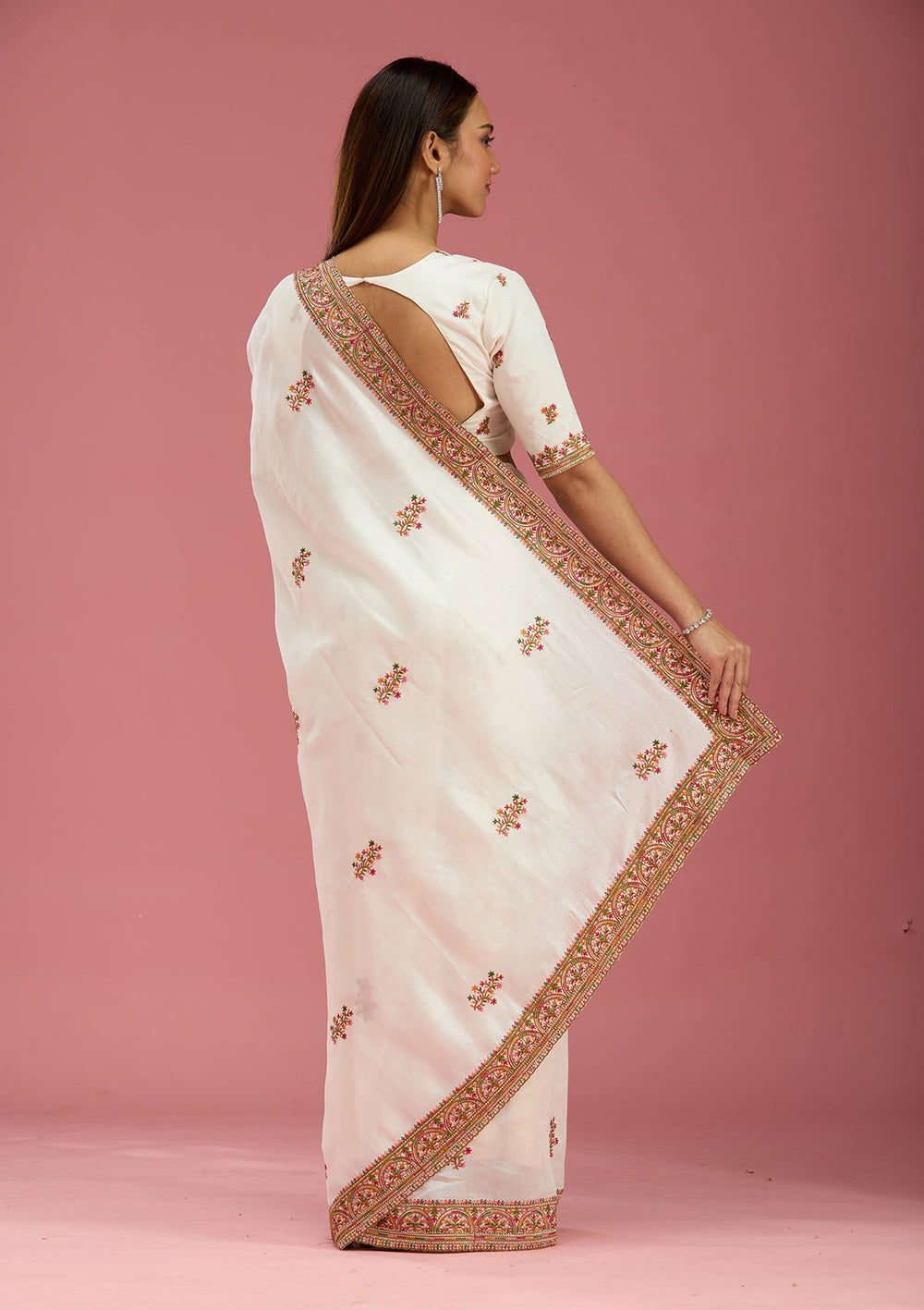 Off White Kashmiri Soft Raw Silk Saree-Koskii