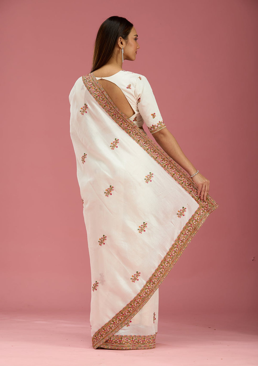 Off White Kashmiri Soft Raw Silk Saree-Koskii