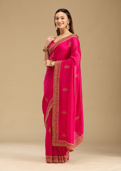 Rani Pink Kashmiri Soft Raw Silk Saree-Koskii