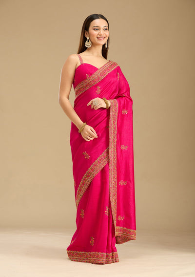 Rani Pink Kashmiri Soft Raw Silk Saree-Koskii