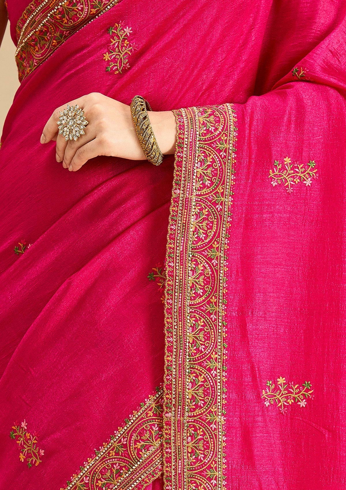 Rani Pink Kashmiri Soft Raw Silk Saree-Koskii