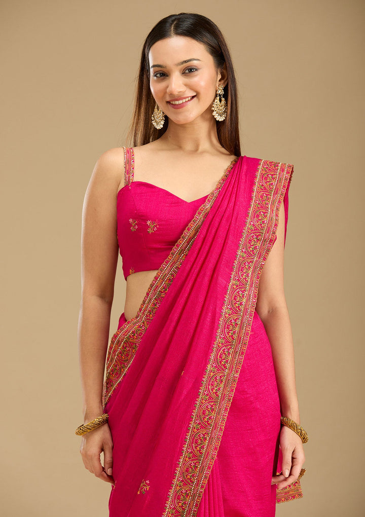 Rani Pink Kashmiri Soft Raw Silk Saree-Koskii