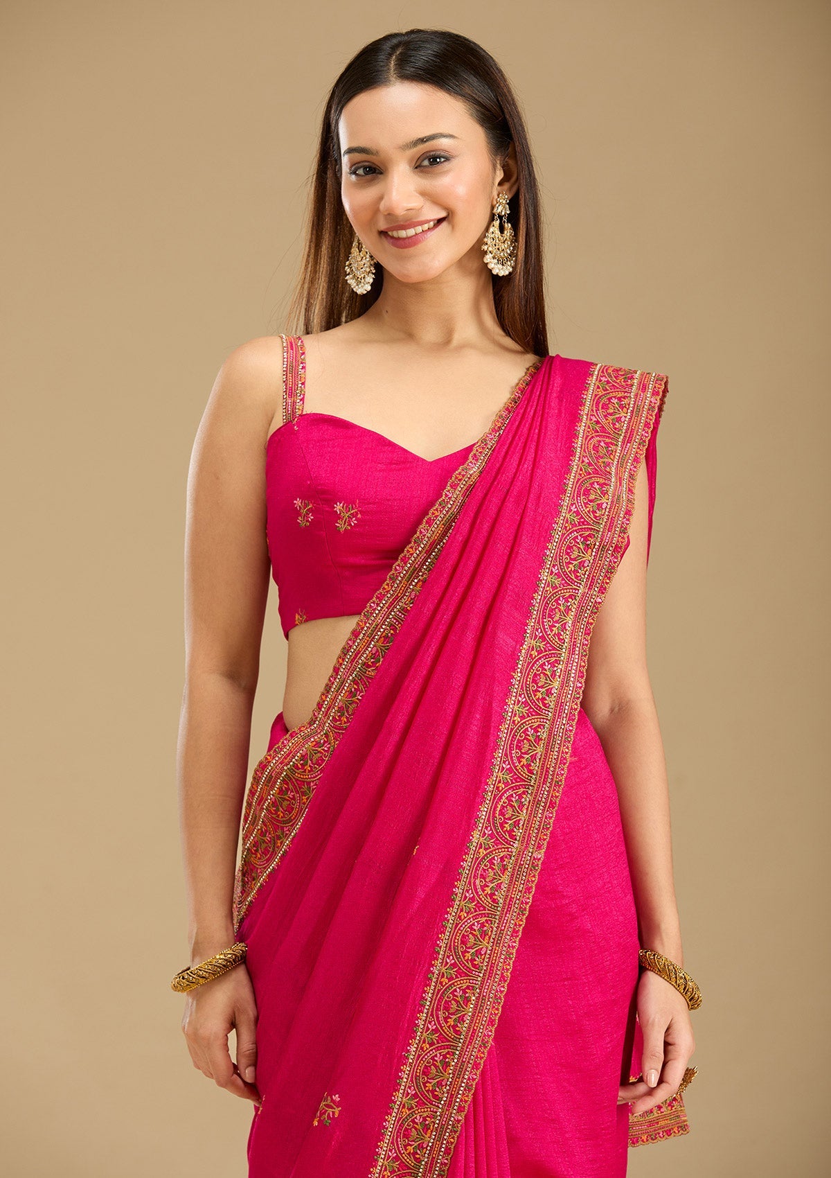 Rani Pink Kashmiri Soft Raw Silk Saree-Koskii