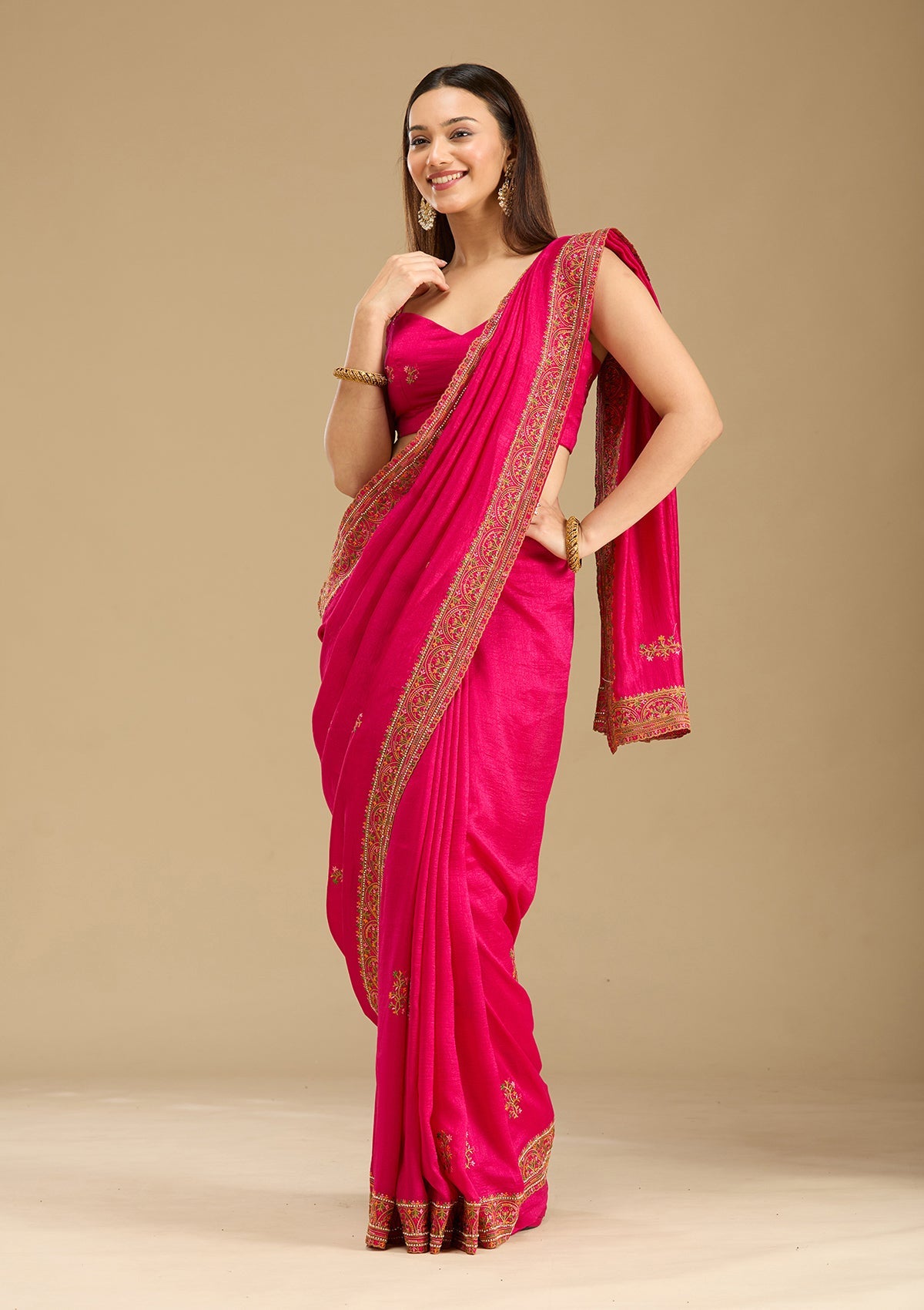 Rani Pink Kashmiri Soft Raw Silk Saree-Koskii