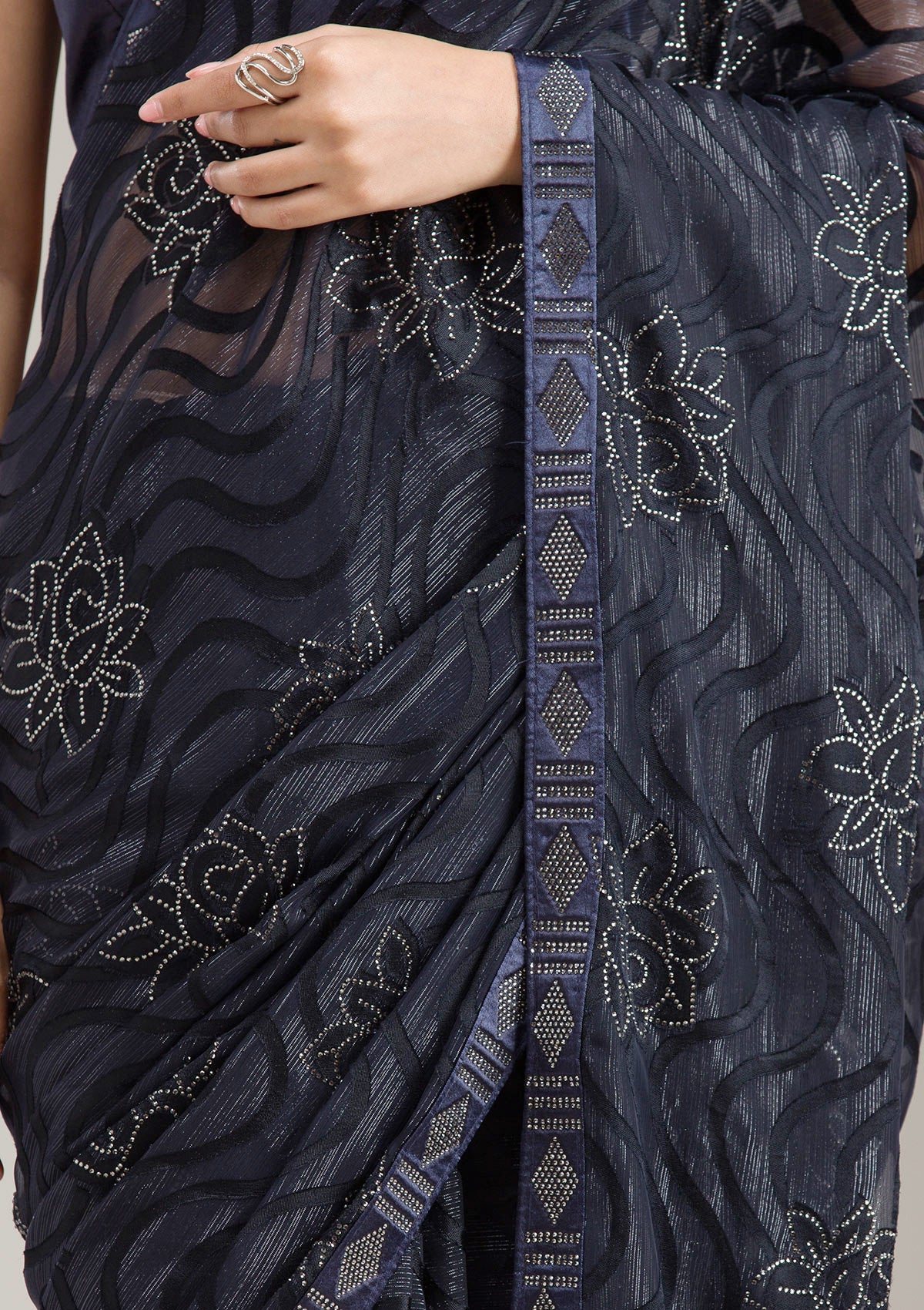 Navy Blue Threadwork Dola Silk Unstitched Salwar Suit-koskii