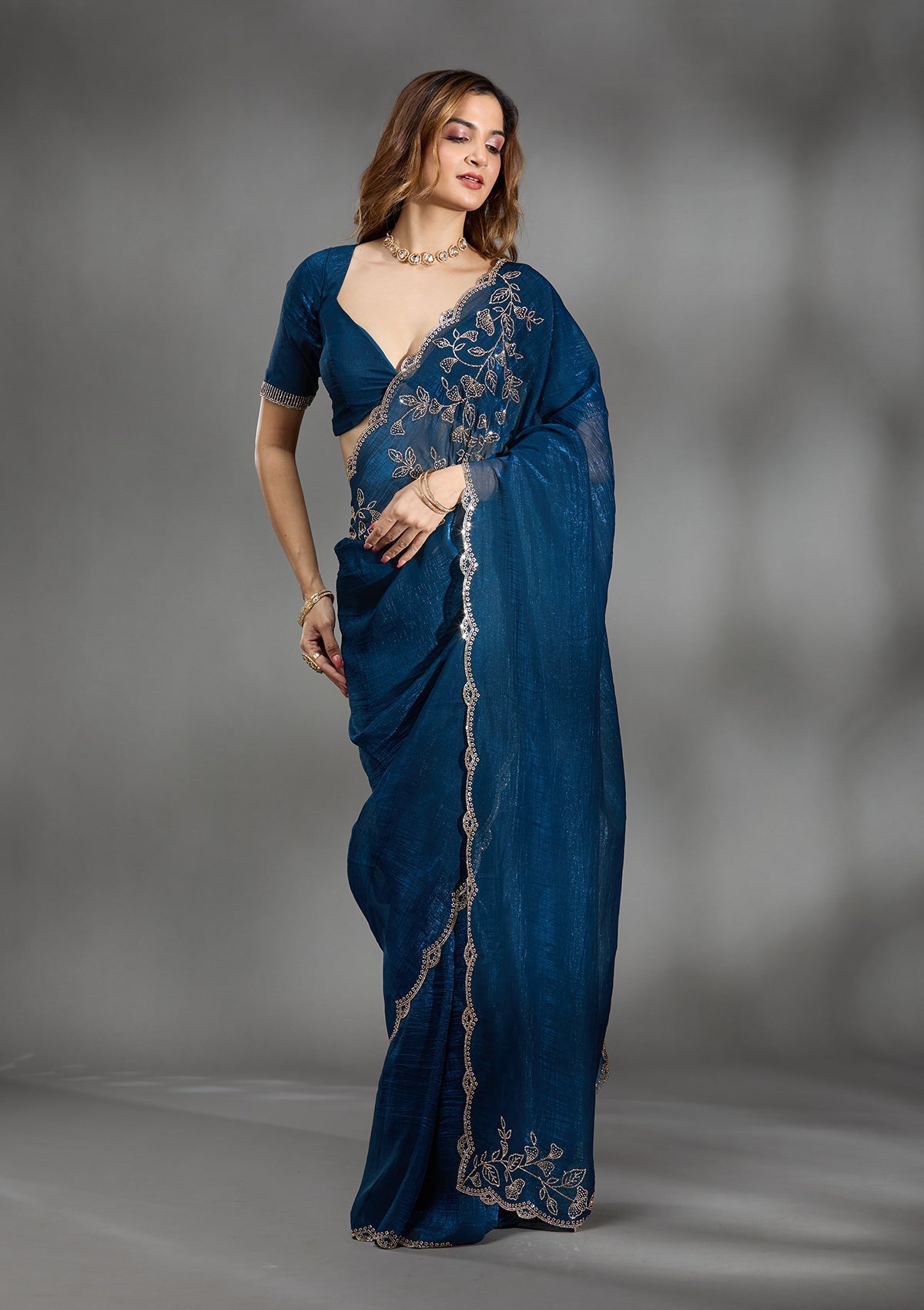 Navy Blue Stonework (Gold) Georgette Saree-Koskii