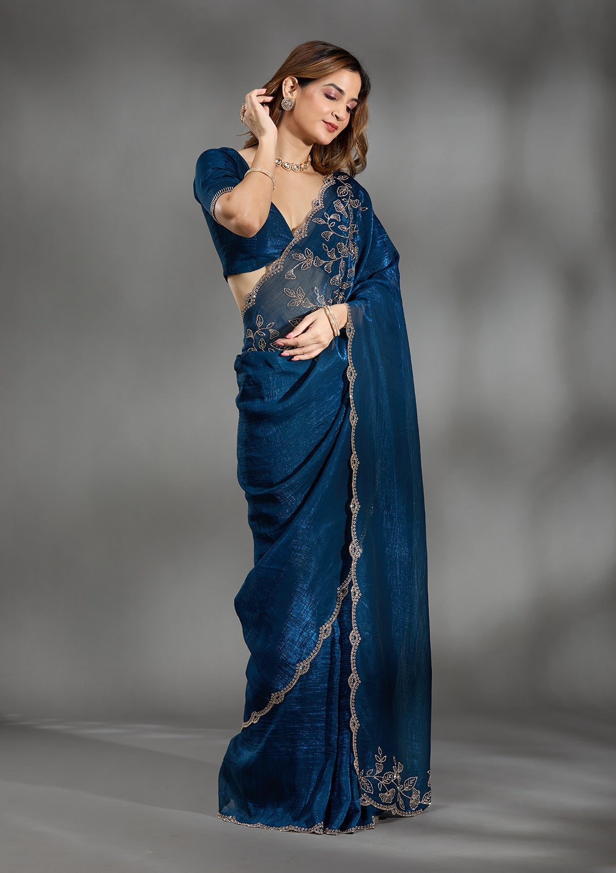Navy Blue Stonework (Gold) Georgette Saree-Koskii