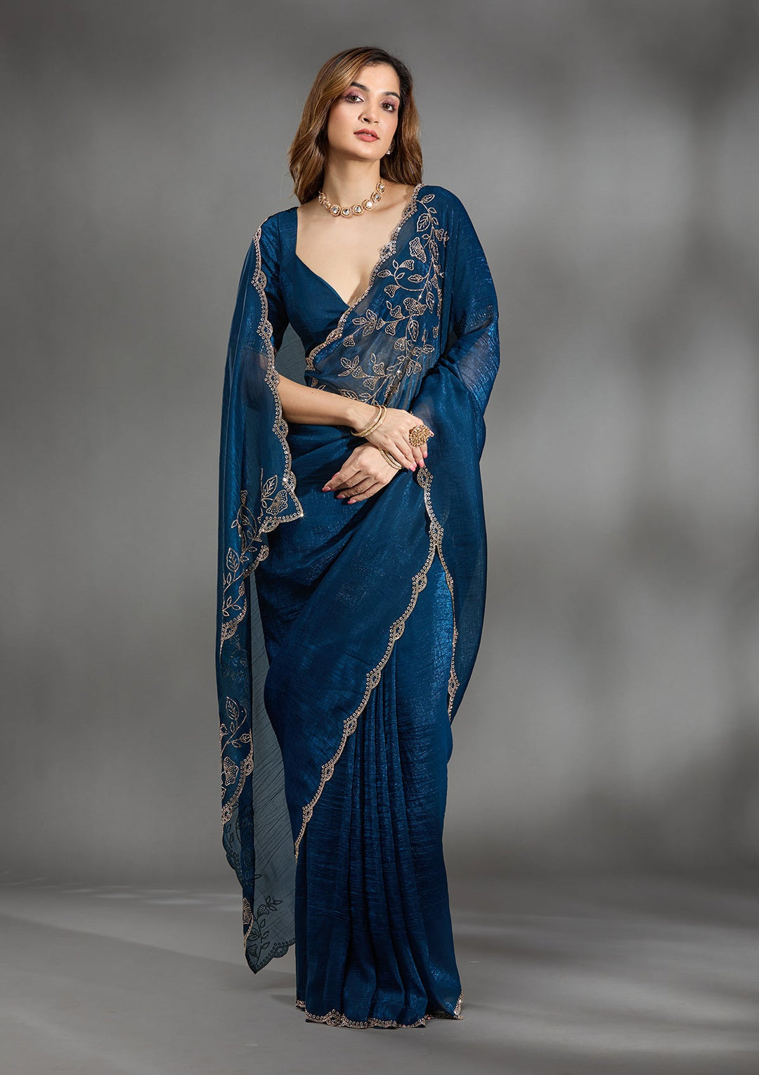 Navy Blue Stonework (Gold) Georgette Saree-Koskii