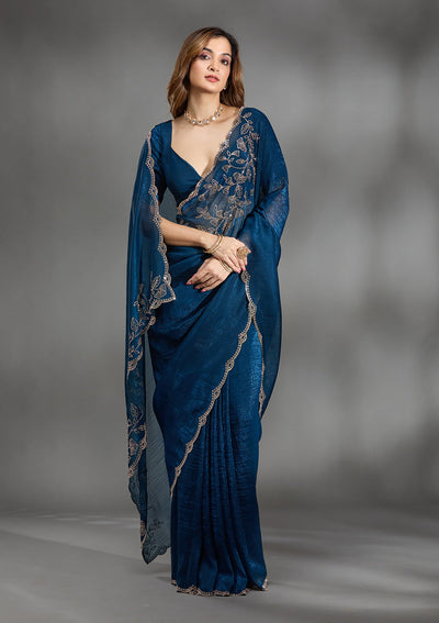 Navy Blue Stonework (Gold) Georgette Saree-Koskii
