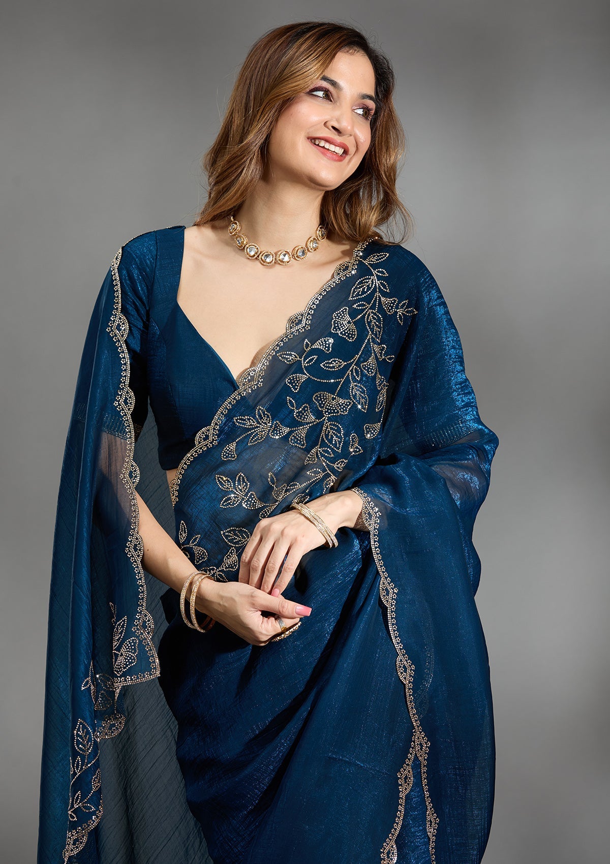 Navy Blue Stonework (Gold) Georgette Saree-Koskii