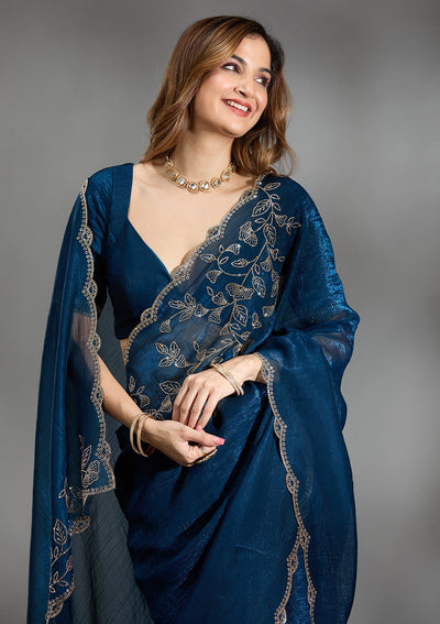 Navy Blue Stonework (Gold) Georgette Saree-Koskii