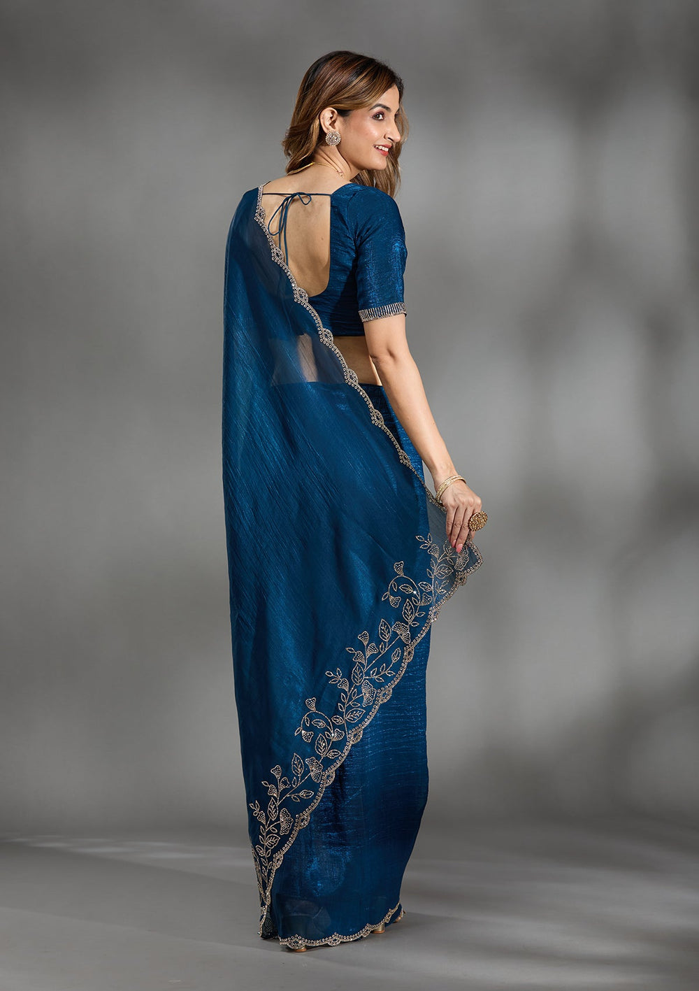 Navy Blue Stonework (Gold) Georgette Saree-Koskii