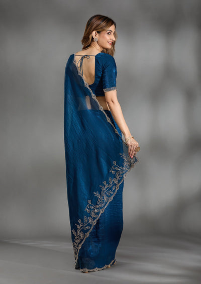 Navy Blue Stonework (Gold) Georgette Saree-Koskii