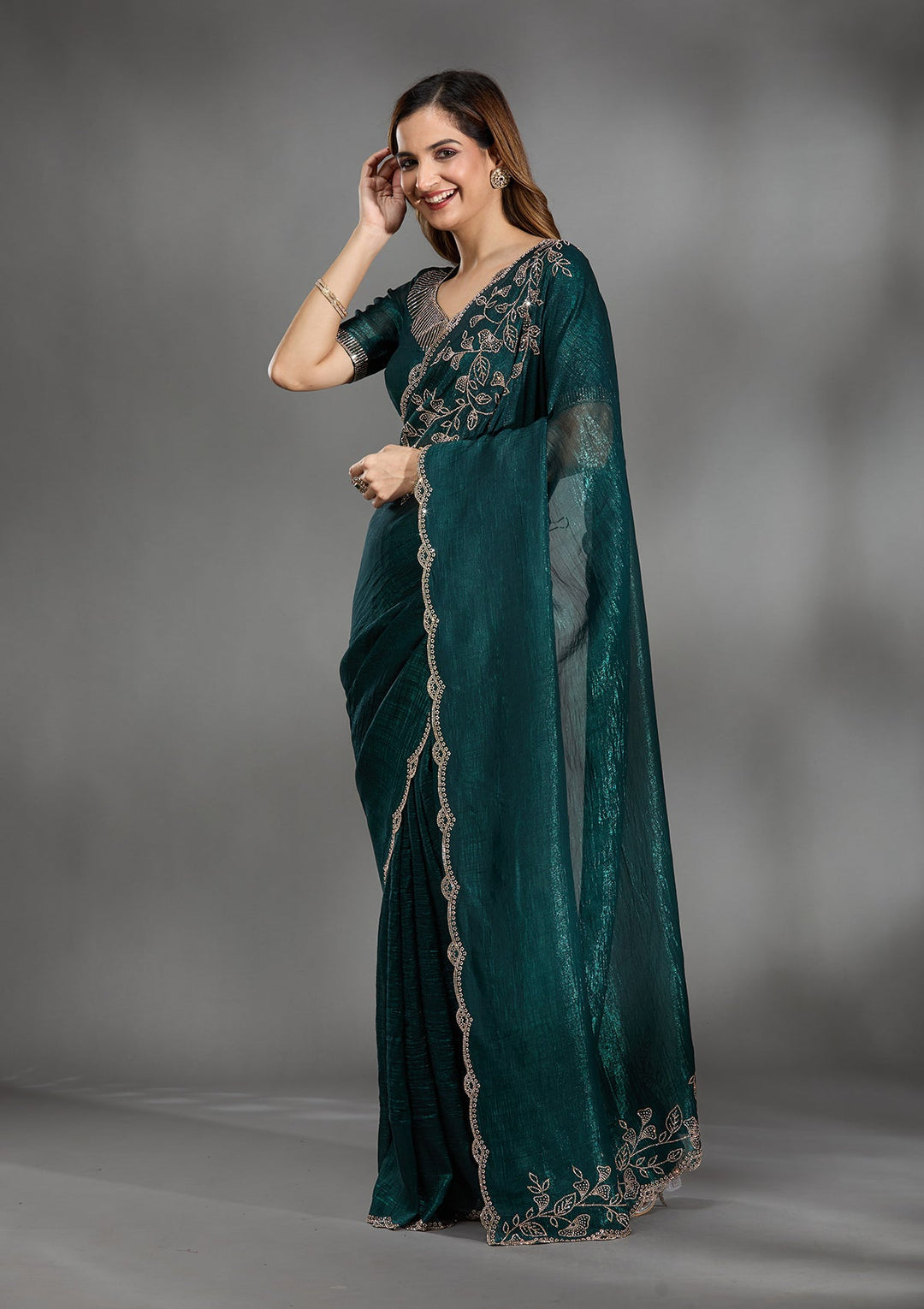 Teal Green Stonework (Gold) Georgette Saree-Koskii