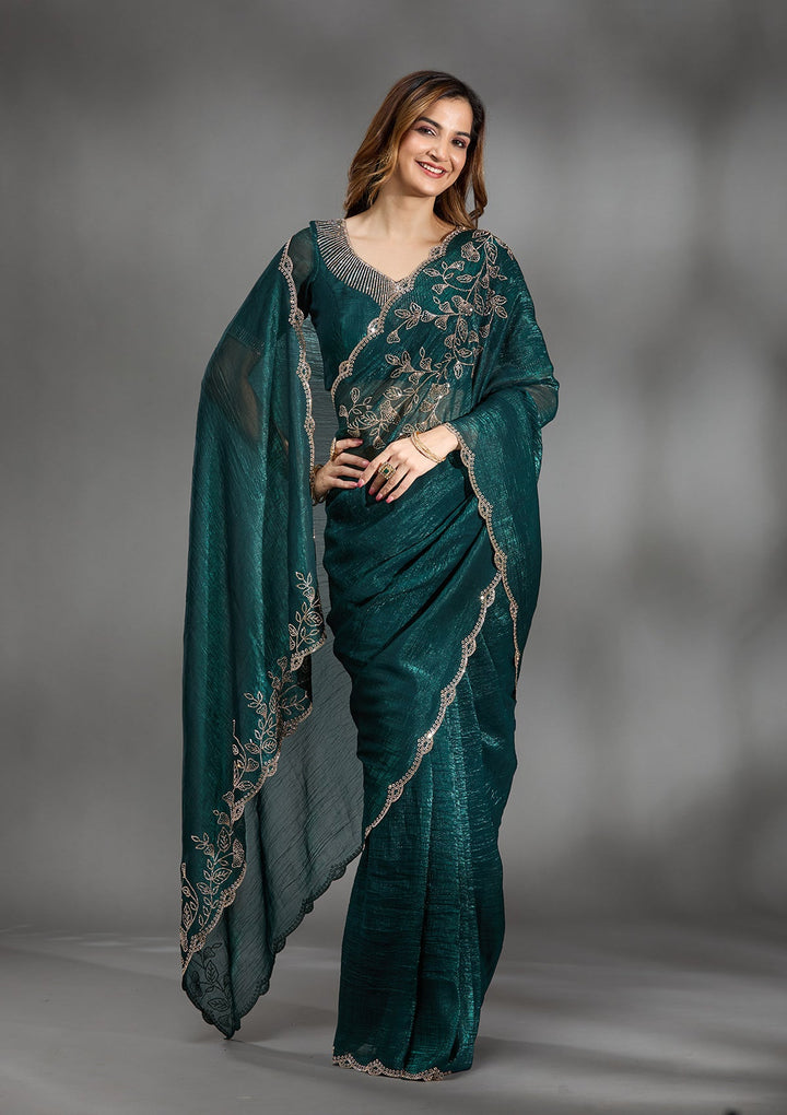 Teal Green Stonework (Gold) Georgette Saree-Koskii