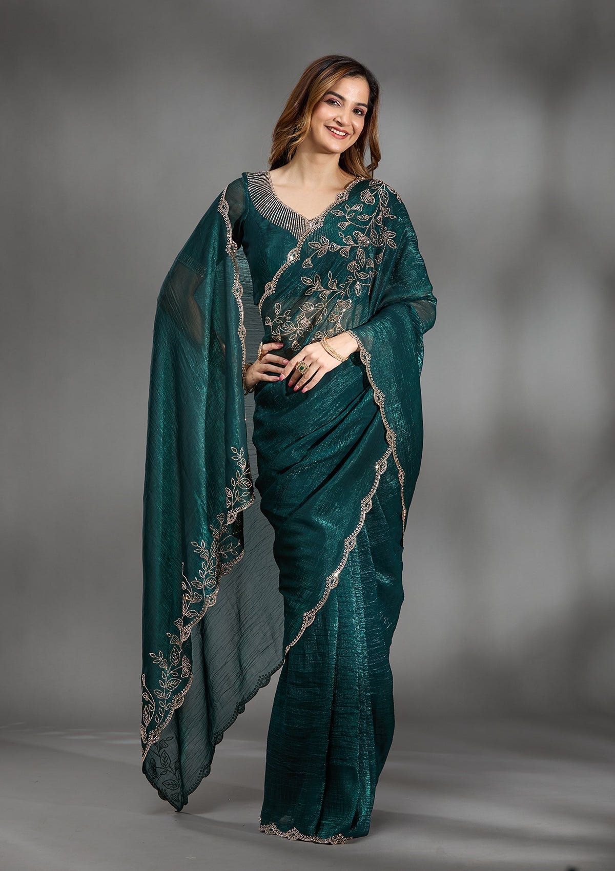 Teal Green Stonework (Gold) Georgette Saree-Koskii