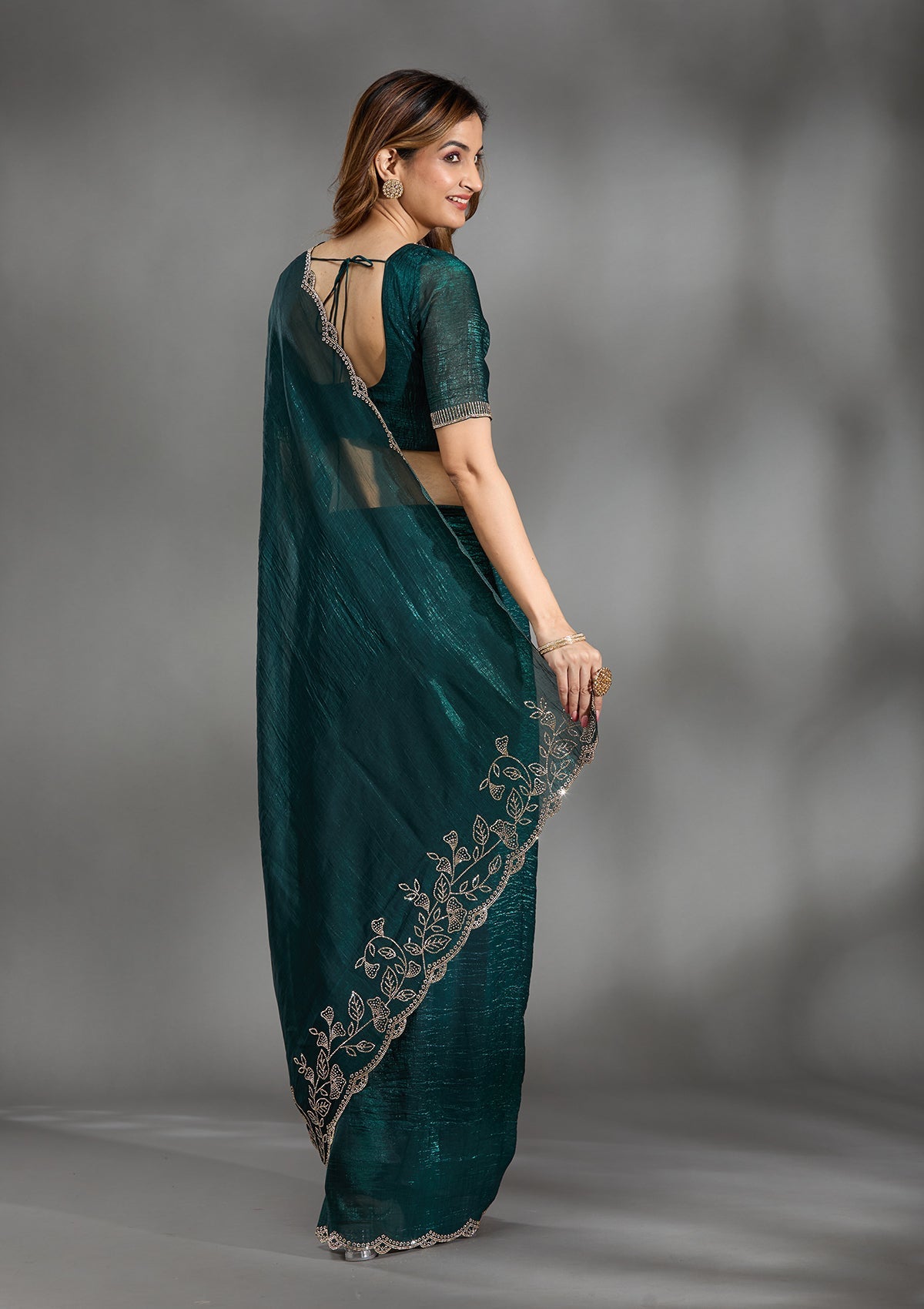 Teal Green Stonework (Gold) Georgette Saree-Koskii