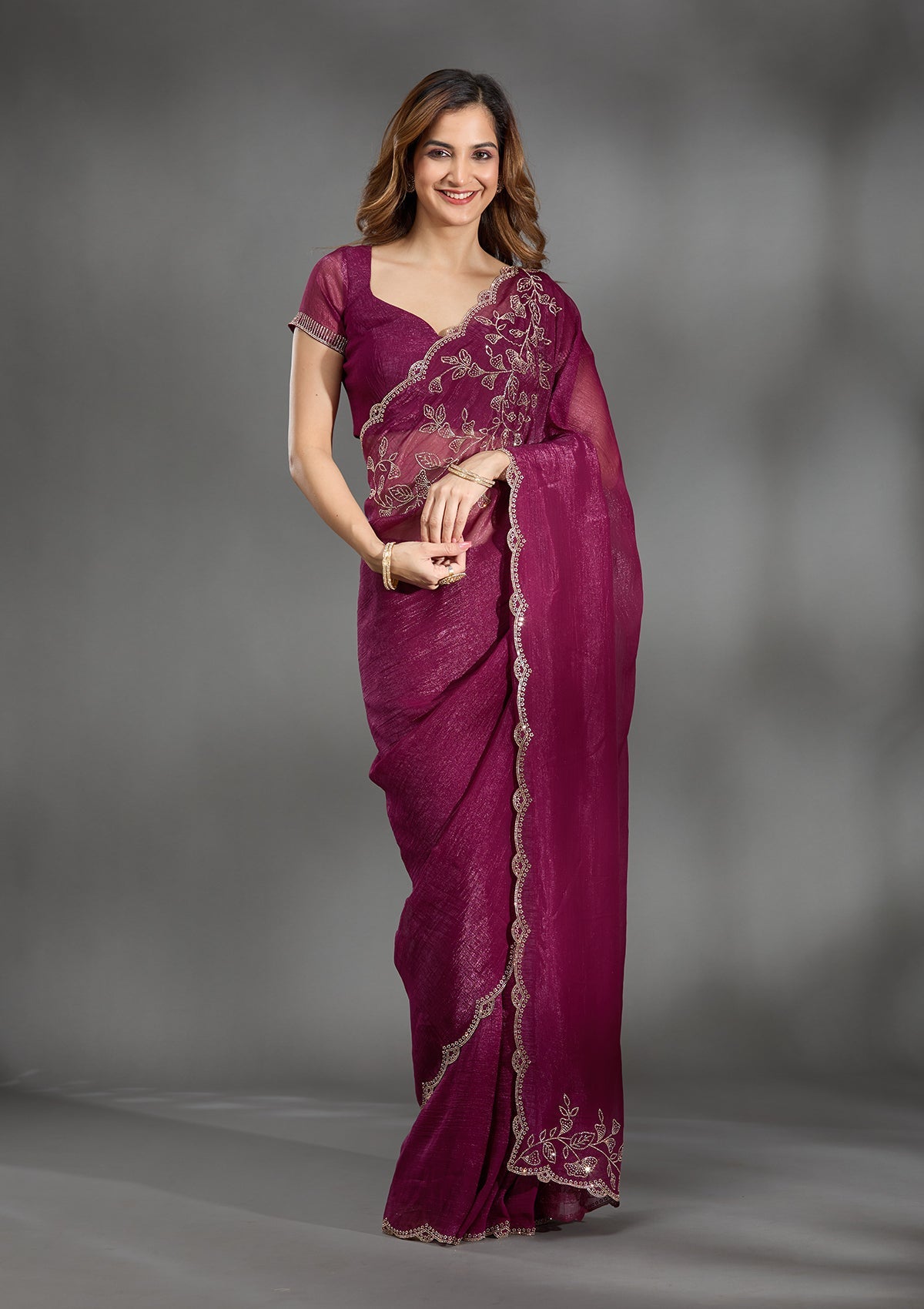 Wine Stonework (Gold) Georgette Saree-Koskii