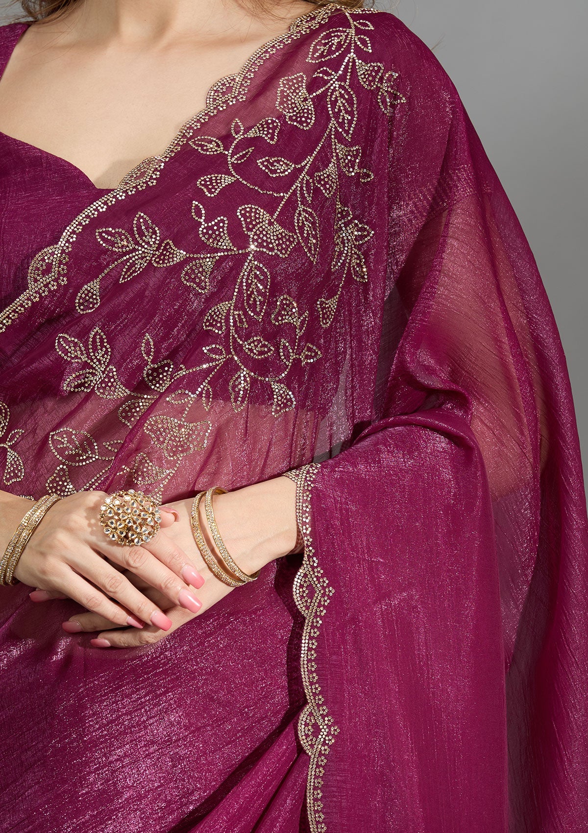 Wine Stonework (Gold) Georgette Saree-Koskii
