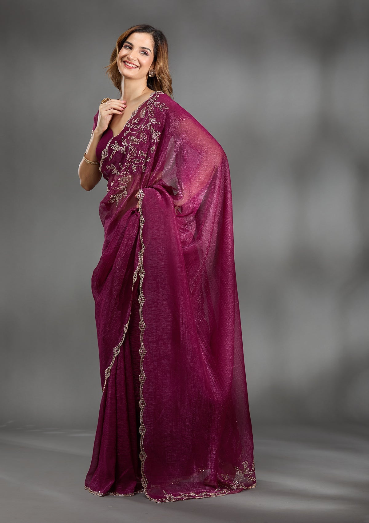 Wine Stonework (Gold) Georgette Saree-Koskii