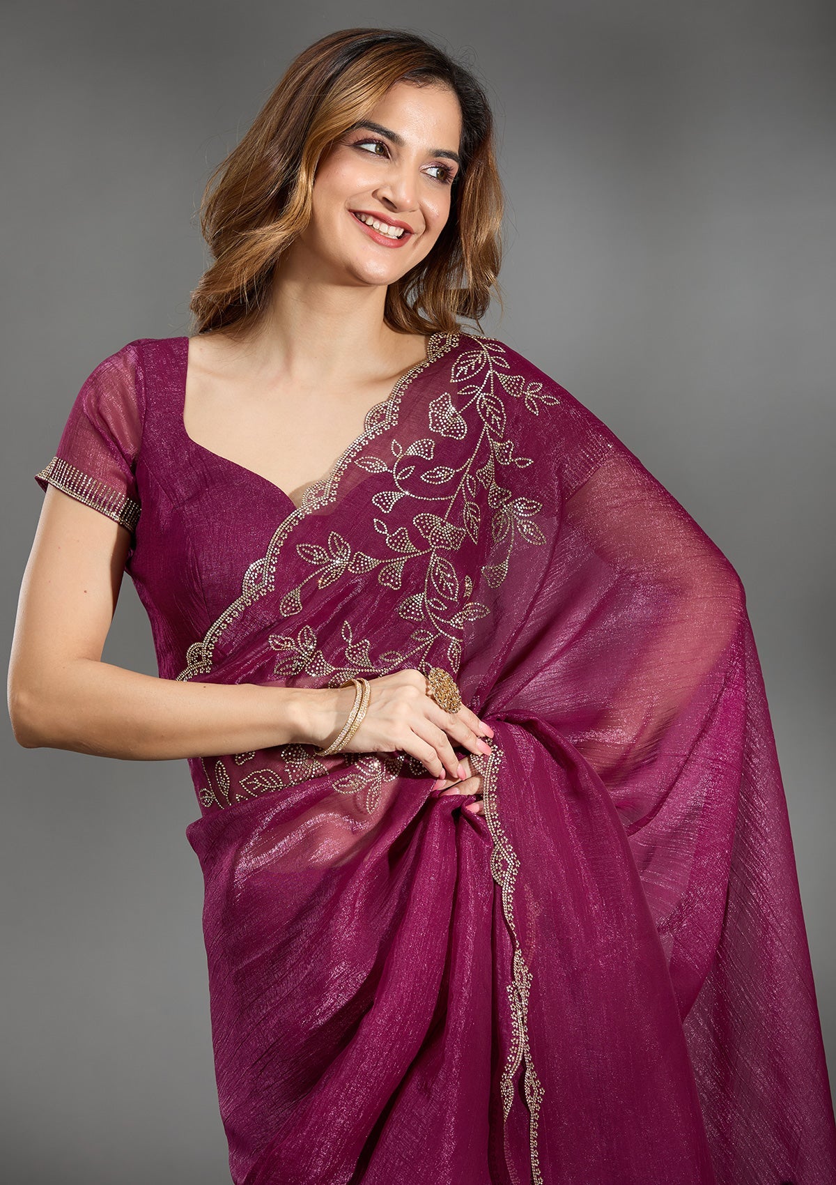 Wine Stonework (Gold) Georgette Saree-Koskii