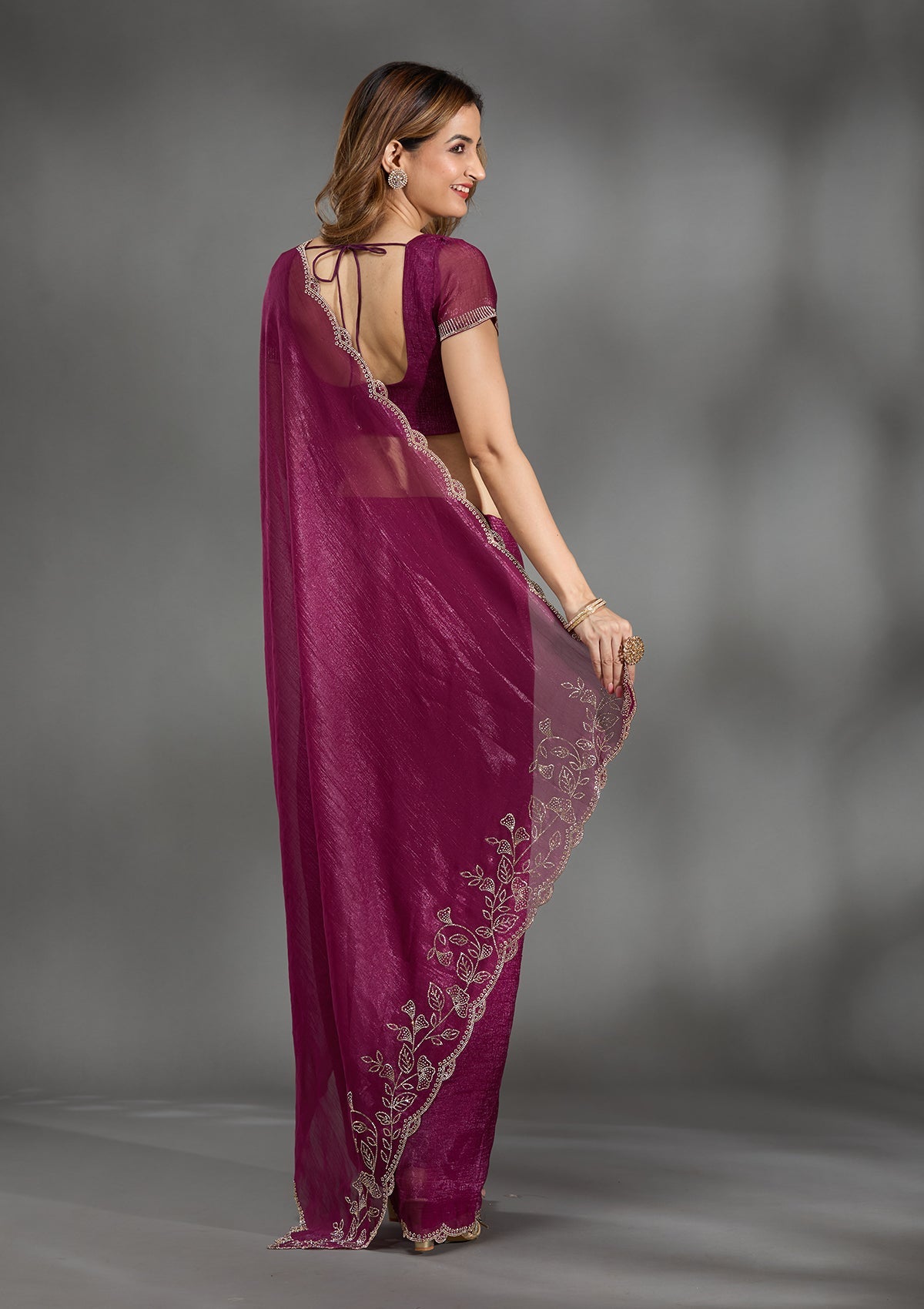 Wine Stonework (Gold) Georgette Saree-Koskii