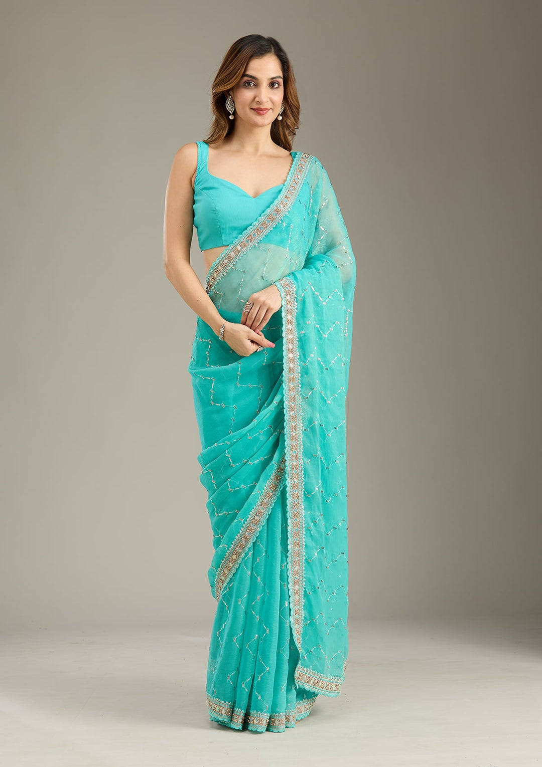 Sea Green Stonework (Gold) Tissue Saree-Koskii